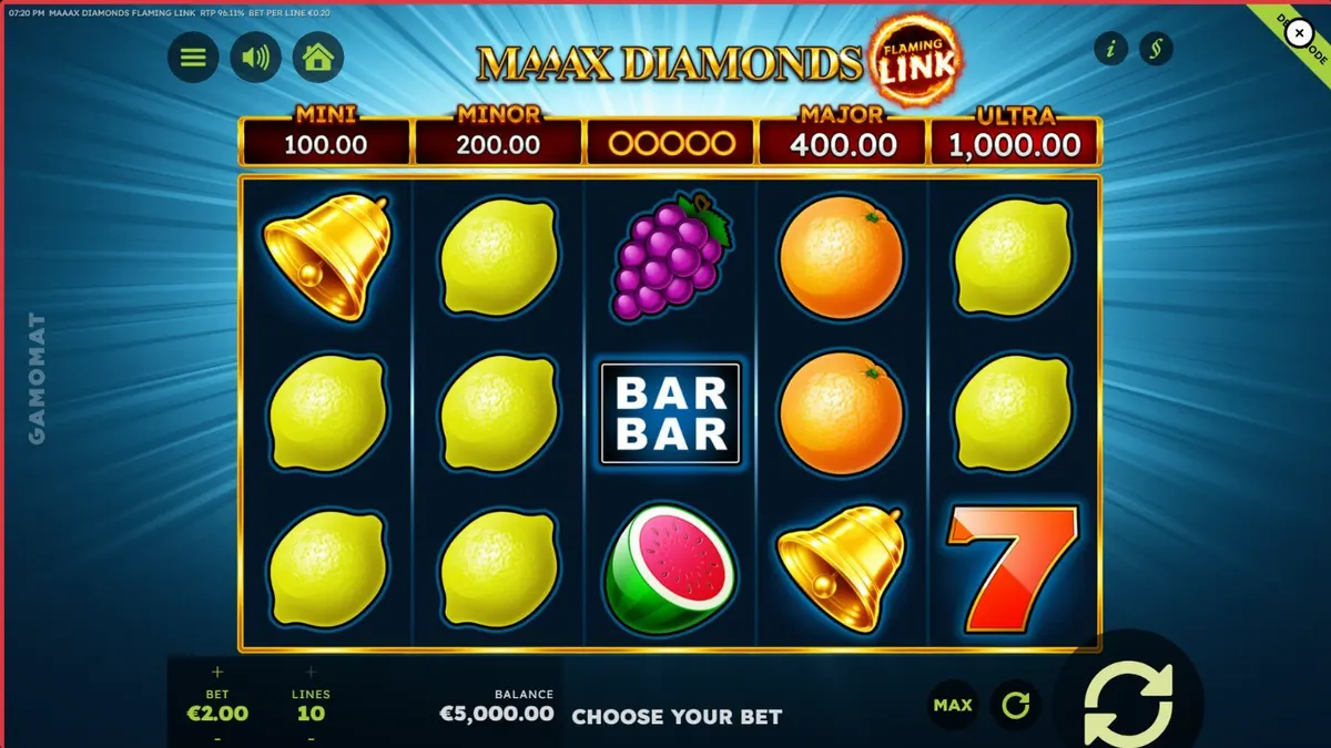Tampilan visual slot Maaax Diamonds Flaming Link dengan simbol buah dan berlian menyala