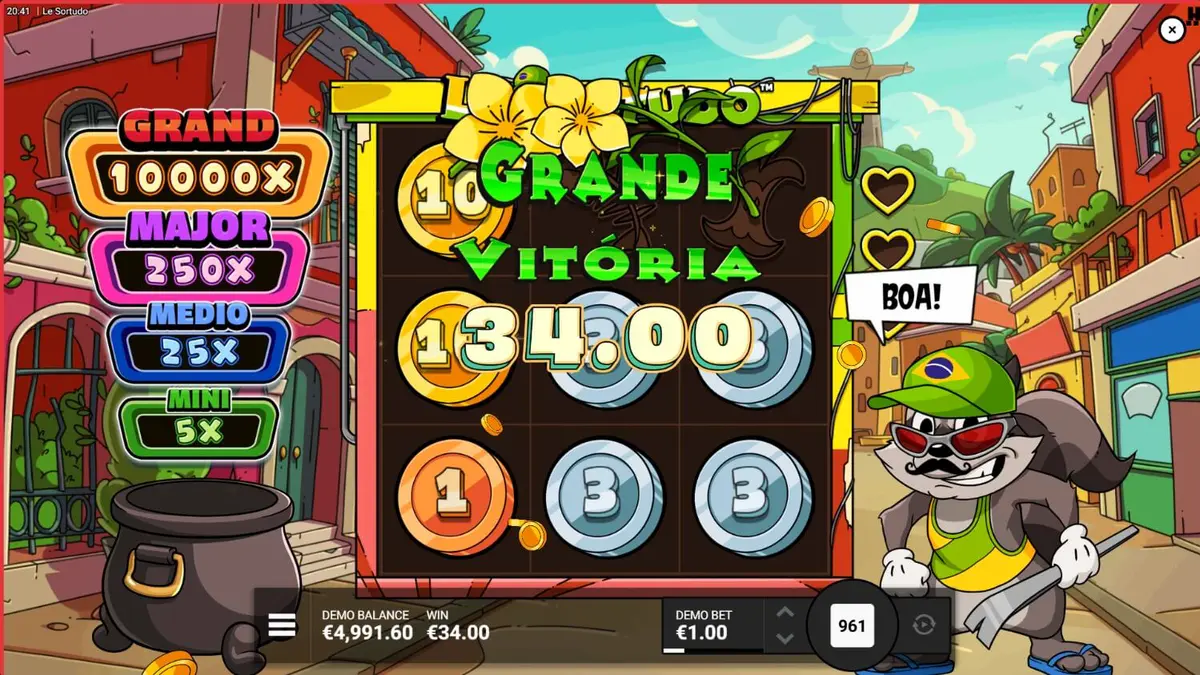 Smokey si rakun dalam petualangan karnaval Brasil di slot Le Sortudo